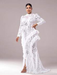 seomiscky Plus Size Women Formal Sequin & Mesh Patchwork Design Party Dress, Wedding Guest Dress, Evening Dress,Gown - White - View 4