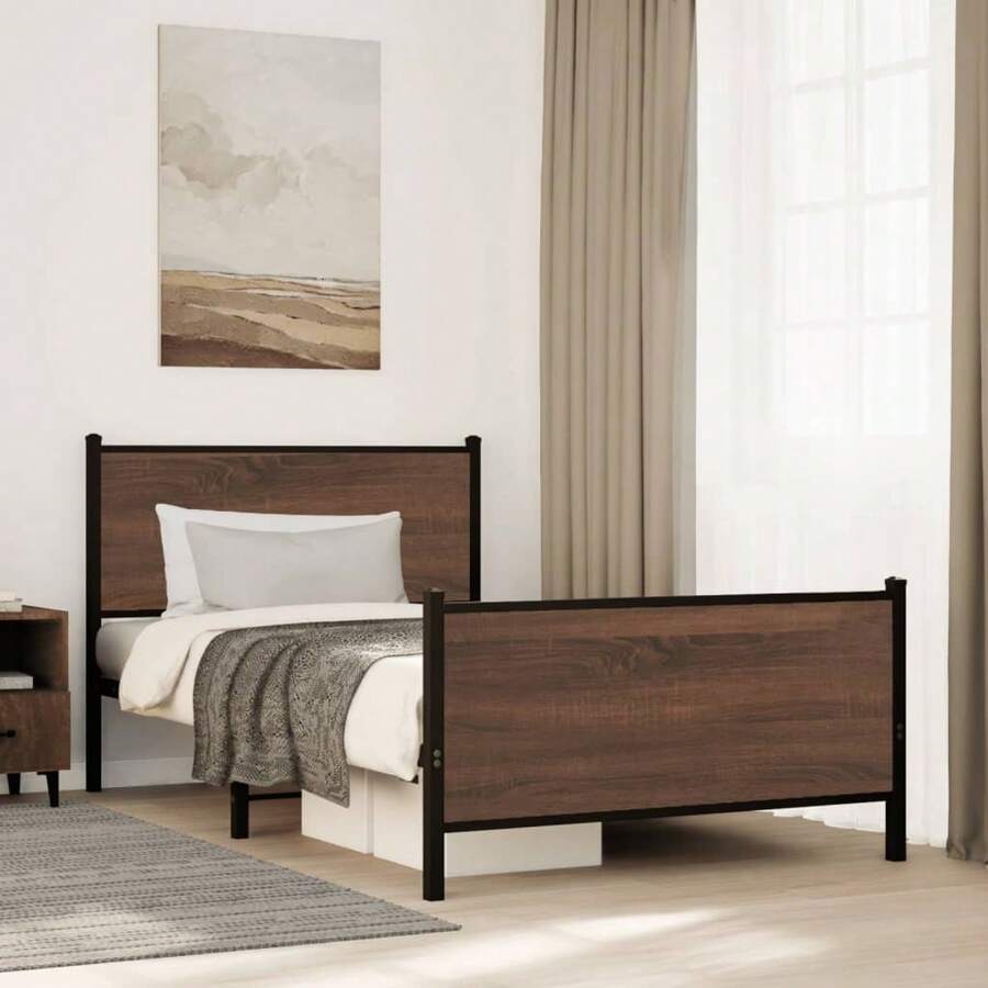 Sturdy Brown Oak Bed Frame 107x203 Cm Stylish Modern Design No Mattress Included - Brown - View 1