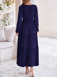 Women's Casual Pleated Mid-Length Elegant New Year Dress Autumn Long Sleeve V-Neck Layered A-Line Long Elegant Dress - 藏蓝色 - 查看 6