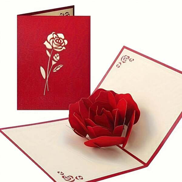 1pc Red Rose Pop Up Greeting Card, 3D Creative Greeting Card, Romantic Red Rose, Handmade Cards For Anniversary, Wedding, Congratulations, Birthday Valentine's Day (Red Rose)
