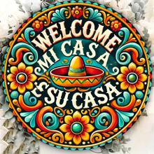 1 pieza de Letrero de bienvenida de metal "Mi Casa Su Casa" - Decoración de pared de arte popular mexicano floral de 8x8 pulgadas - Pieza de arte de metal, apta para el hogar, oficina, dormitorio, cocina, comedor, bar - Regalo de inauguración de la casa fácil de colgar (estilo de agujero aleatorio), decoración del hogar, decoración de habitación, decoración de pared
