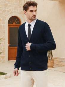Cardigan pour hommes avec col en V boutonné, pour une utilisation quotidienne et décontractée, avec poches - Bleu marine - Voir 3
