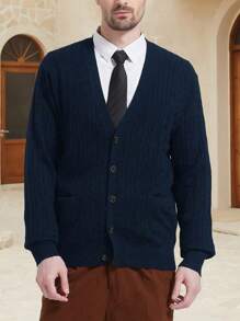 Cardigan pour hommes avec col en V boutonné, pour une utilisation quotidienne et décontractée, avec poches - Bleu marine - Voir 4