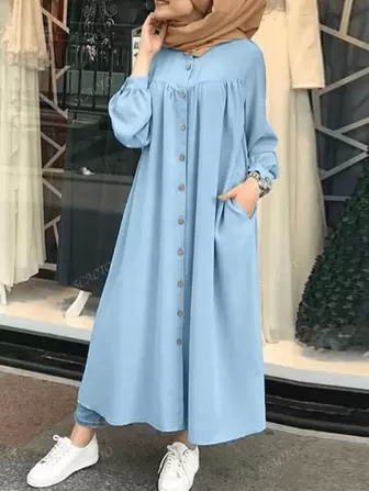 Scacto Solid Color Round Neck Lantern Sleeve Pleated A-Line Skirt Long Dress, Daily Commute Home Party Fashion Wear, Loose Version, Modest