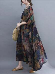 2025新款女士加大码圆领无袖印花透气休闲连衣裙，度假沙滩装，波西米亚优雅夏季连衣裙 - 咖啡棕 - 查看 6