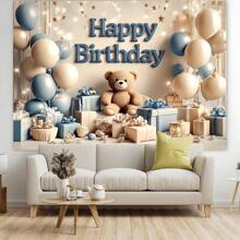 Multi-Purpose Blue Bear Birthday Background Cloth - Polyester Banner, Suitable For Parties, Anniversaries, Etc. - Perfect Choice For Indoor/Outdoor Decoration - 1pc - View 4