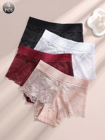 DORSU 4 条装女士高腰内裤，蕾丝性感三角裤，宽腰带，防勒紧，舒适，透气，性感蕾丝内裤