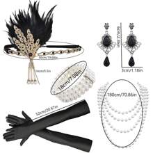 7pcs/Set 1920s Women's Wedding Party Makeup Dancing Ball Red Headpiece Earrings Pearl Bracelet Long Pearl Necklace Hairband Vintage Sexy Luxurious 5Pcs Set Holiday Party Outfit Prom - A - View 6