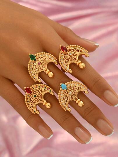 1 件铜镶嵌合成方晶锆石多色几何复古奢华戒指，适合女性在宴会、派对和聚会上佩戴