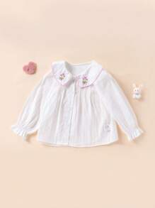 1pc Girls' Sweet Embroidered Pattern Collar Long Sleeve Blouse, Spring & Autumn