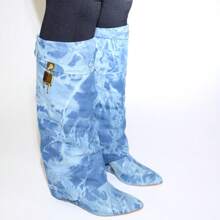 Padlock Detail Fold Over Wedge Knee High Boots - Denim - View 2