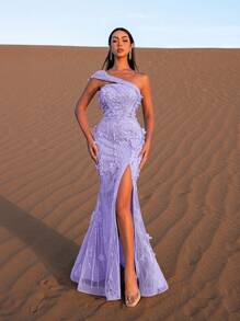 Faeriesty Elegantes Abendkleid mit floraler Stickerei, Schlitz und Perlenverzierung, geeignet für Hochzeiten und formelle Anlässe - Violett - Übersicht 5