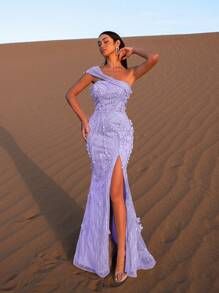 Faeriesty Elegantes Abendkleid mit floraler Stickerei, Schlitz und Perlenverzierung, geeignet für Hochzeiten und formelle Anlässe - Violett - Übersicht 4