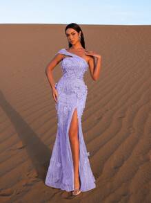 Faeriesty Elegantes Abendkleid mit floraler Stickerei, Schlitz und Perlenverzierung, geeignet für Hochzeiten und formelle Anlässe - Violett - Übersicht 1