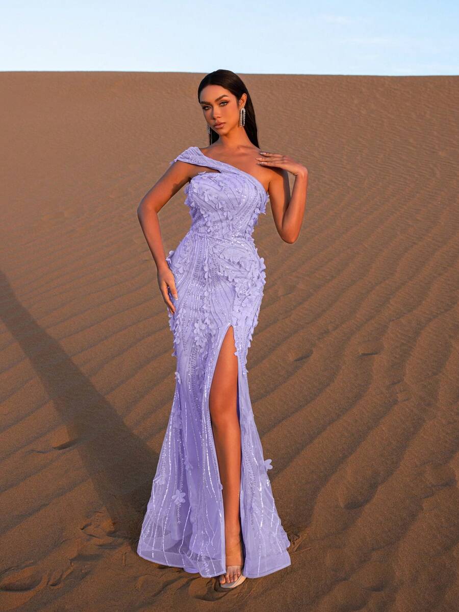 Faeriesty Elegantes Abendkleid mit floraler Stickerei, Schlitz und Perlenverzierung, geeignet für Hochzeiten und formelle Anlässe - Violett - Übersicht 1