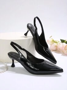 女士纯色亮面皮革高跟凉鞋，新款春夏亮面黑色高跟鞋尖头派对百搭后系带小猫跟正装鞋 - 黑色 - 查看 5