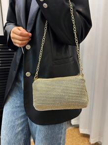 1pc Rhinestone Decor Minimalist Zippered Clutch Bag, Suitable For Women Party, Glamorous Rhinestone Bag, Elegant Prom Bag, Perfectly Matching With Bridal Party - Gold - View 4