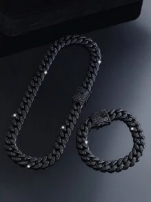 2pcs Black Cuban Chains Necklace And Bracelet Set,Men's Chain Choker Necklace Hip Hop Jewelry Set,Fashion Rapper's Jewelry ,Perfect Gift For Boyfriend,Son And Dad