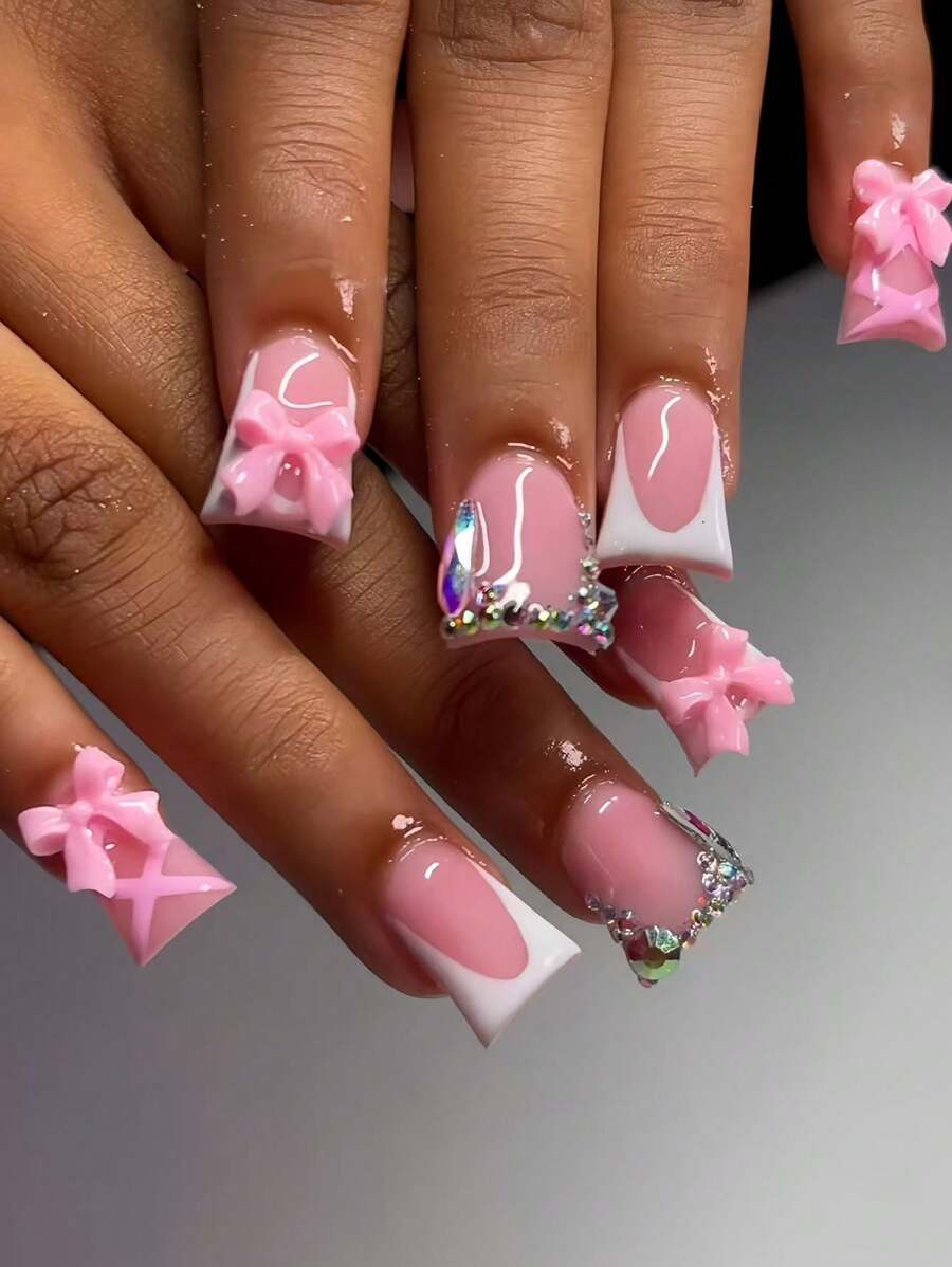 Y2K 24 件/盒欧美按压式指甲，精致甜美朋克扎染蝴蝶和鸭嘴设计中长假指甲，适合女孩和女性，附赠 1 件果冻凝胶和 1 件指甲锉