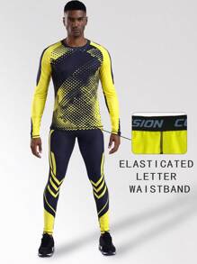 2 sztuki/zestaw Boyfriend Style Męski Letni Outdoor Cycling Sport Ćwiczenia Fitness Bieganie Koszykówka Kompresja Odprowadzanie wilgoci Szybkoschnący Wygodny Oddychający Lekki Kamuflaż Włókno Bambusowe Kombinezon - Żółty - Zobacz 3