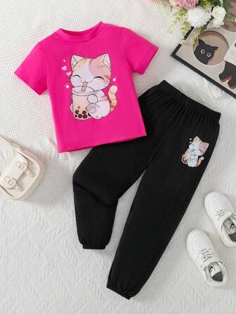 Set de 2 piezas para niña: Top de punto de cuello redondo con estampado de gato de agua en unicolor y pantalones largos con cordón, conjunto de ropa casual para exterior en primavera/verano