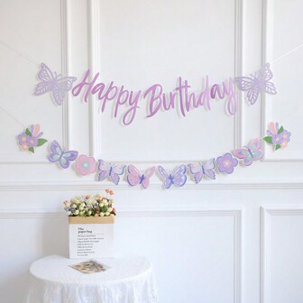 1 Pieza Bandera con tema de mariposa morada, Bandera de feliz cumpleaños con mariposas para decorar fiesta de té de primavera en el jardín, hogar, dormitorio, sala de estar, boda, exterior