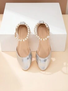 New Summer Fashion Pointed Toe Flats, Teenager Girl Student Plus Size Casual Leather Outdoor Flat Shoes, White Pointed Toe Fashionable Pearl Slip-On Comfortable Shoes - Silver - View 5