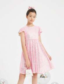 EXARUS Girls Sequin Dress Sleeveless Sparkly Special Occasion Kids Party Sequence Sparkle Dress Birthday - 18粉紅色 - 查看 2