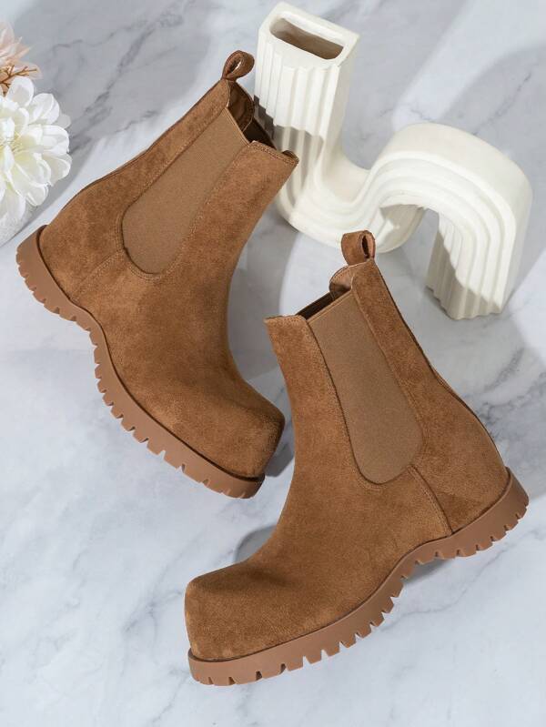 New Thick Sole Platform Warm Lined Short Boots, Fashion Versatile Thermal Lined Slip-On Boots Derby Booties For Women, Autumn/Winter