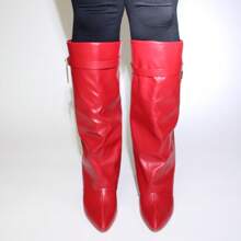 Padlock Detail Fold Over Wedge Knee High Boots - Red - View 3