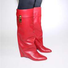 Padlock Detail Fold Over Wedge Knee High Boots - Red - View 4