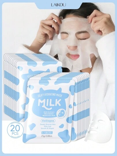LAIKOU 20片莱寇牛奶丝滑保湿面膜，25克保湿面膜贴，深层修护，适合所有肤质，女士及女孩适用，可用于化妆及SPA