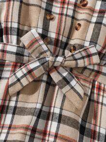 8-12 岁女童时尚休闲运动连衣裙，衬衫领格子拼接连衣裙，淑女风格夏装，馈赠佳品 - 白色 - 查看 4