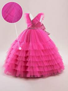 Tween Mädchen Maxi Elegantes Abendkleid mit V-Ausschnitt aus Mesh und Satin-Patchwork, Schleife hinten, geeignet für Bankettbesuche, ohne Haarzubehör