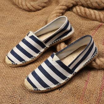 Striped Pattern Breathable Linen Sole Flat Shoes, Closed-Toe Woven Fiber Linen Shoes With Rubber Sole, Handmade Woven Vintage Stitched Fisherman Shoes, Breathable Woven Fiber Linen Shoes, Low-Top Shoes, Versatile Slip-On Shoes, Casual Shoes, Loafers, Fitness Shoes, Water Shoes, Minimalist Shoes