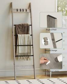 HaluPeit Blanket Ladder Shelf For Living Room, Decorative Wood Quilt Rack With 4 Removable Hooks, Farmhouse Ladder Holder Organizer For Bedroom, Bathroom, Room Decor,Cozy Bedroom,, 6-Tier,Greige - Grey - View 3