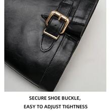 Women's Thick Heel Pointed Toe Black Leather Buckle Decor High Shaft Thermal Lined Slip-On Riding Boots With High Heels, Suitable For Social/Work Occasions, Autumn/Winter - Black - View 8