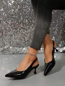 女士纯色亮面皮革高跟凉鞋，新款春夏亮面黑色高跟鞋尖头派对百搭后系带小猫跟正装鞋 - 黑色 - 查看 1