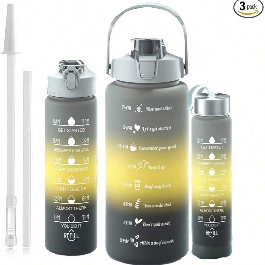 3pack 64OZ 26oz 9oz Water Bottles Set Sports, Leak-Proof Inspirational Water Bottle Cups With Drinking Time Straw, Fitness Bottle For Family, Office, Gym Outdoor Travel - 三色漸層套裝杯子-黑色 - 查看 1