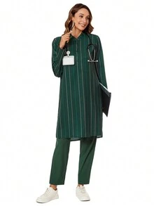 cimmuovere Abaya/Abaya Kaftan/Caftan/Kurta/Ramadan/Eid 寬鬆休閒日常街頭風舒適條紋長袖上衣 3 個口袋 素色長褲 2 個口袋 醫生制服套裝 刷手服 護士刷手服 工作服 醫療保健 寵物醫院 實驗室 - 綠色 - 查看 3