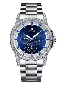 RUIGE 男士休闲石英表，不锈钢表带，星期、日期、月亮和星星多功能计时手表，男士礼物