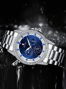 RUIGE 男士休闲石英表，不锈钢表带，星期、日期、月亮和星星多功能计时手表，男士礼物