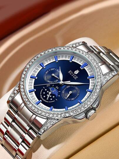  Reloj de cuarzo casual para hombre RUIGE, correa de acero inoxidable, con funciones de día, fecha, luna y estrellas, reloj cronógrafo multifunción, regalo para hombres