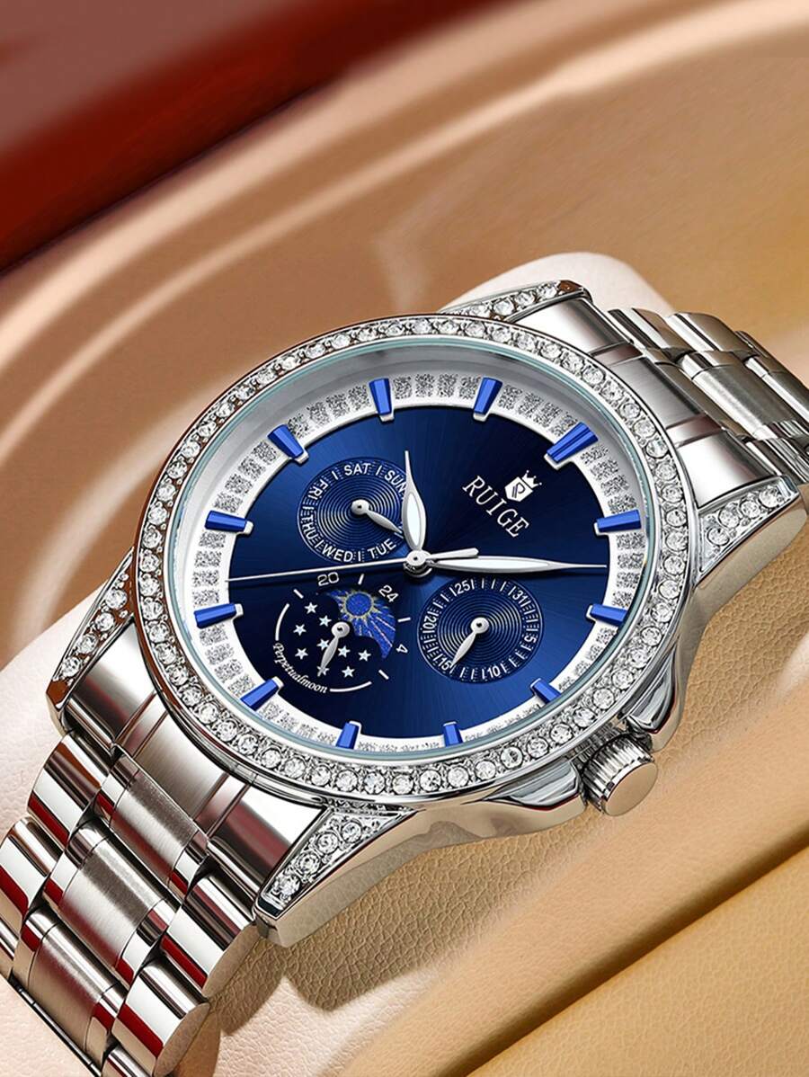 RUIGE 男士休闲石英表，不锈钢表带，星期、日期、月亮和星星多功能计时手表，男士礼物