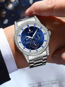 RUIGE 男士休闲石英表，不锈钢表带，星期、日期、月亮和星星多功能计时手表，男士礼物