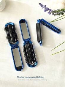 1pc Shiny Electroplated Blue Foldable Comb With Built-In Small Mirror, Compact And Portable For Bag - Blue - View 4