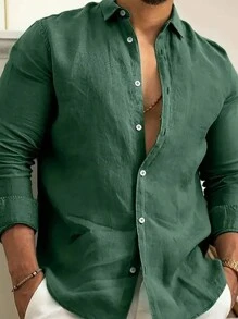 Men's Solid Color Button-Up Front Long Sleeve Casual Shirt - Green - View 3