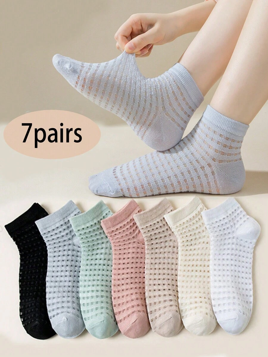 7 Pairs Women's Elastic Crystal Mesh Breathable Net Ankle Socks, Solid Color Versatile Casual Socks Suitable For Spring & Summer