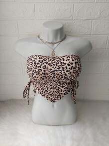 Women's Cropped Top With Band And Tie With Suplex Cup Strapless Blogueirinha One Size - Fits Sizes 36 To 42 - 豹 - 查看 3