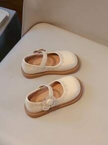 1 双女孩黑色和米色软底迷你皮鞋，休闲公主牛津鞋，适合幼儿和大童，春秋季 - 米色 - 查看 4